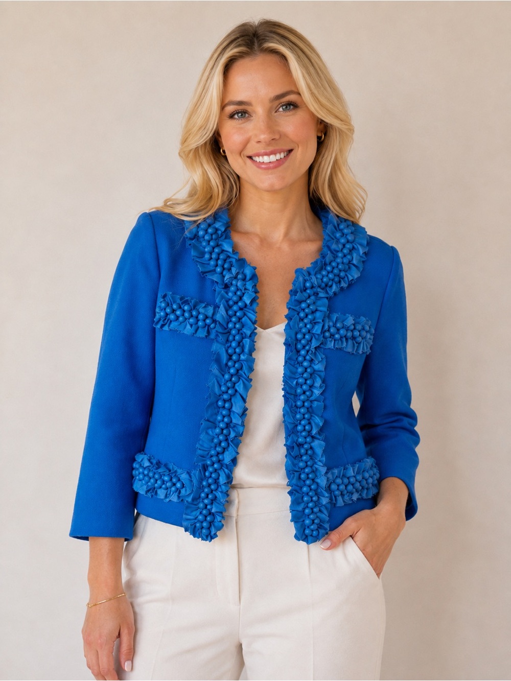 J. Crew Cobalt Blue Ruffle-Trim Open Blazer